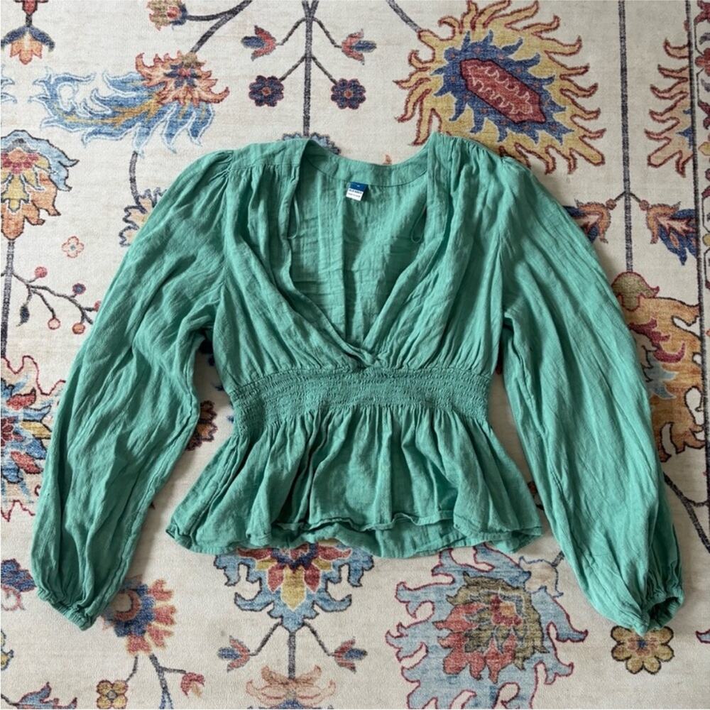 Old Navy Seafoam Teal V-Neck Boho Puff Sleeve Blouse, Ruched Waist Medium